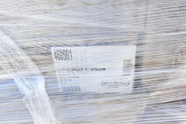 Pallet wrapped with Carlisle item labeled "460901 Tongs, Salad 9'' Brown." Made in USA. Scratch and dent condition.