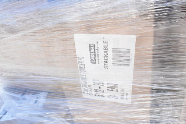 Plastic-wrapped pallet with label showing Carlisle stackable tumblers. Contains 75 assorted brand new scratch and dent items.