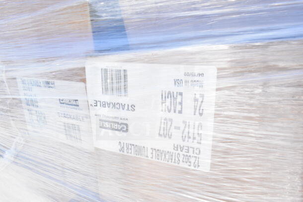 Sealed pallet of 75 scratch and dent items, including Carlisle tumblers and bowls. Label reads "Stackable, Made in USA."