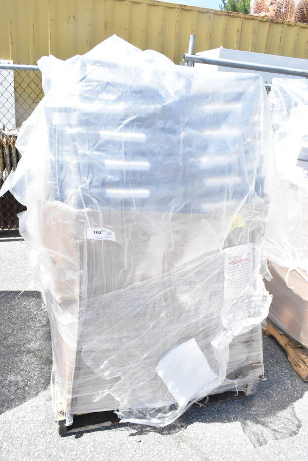 24 New Lancaster Square Back Banquet Chairs, Black Vinyl, Silver Vein Frame, Scratch & Dent, Wrapped on Pallet.