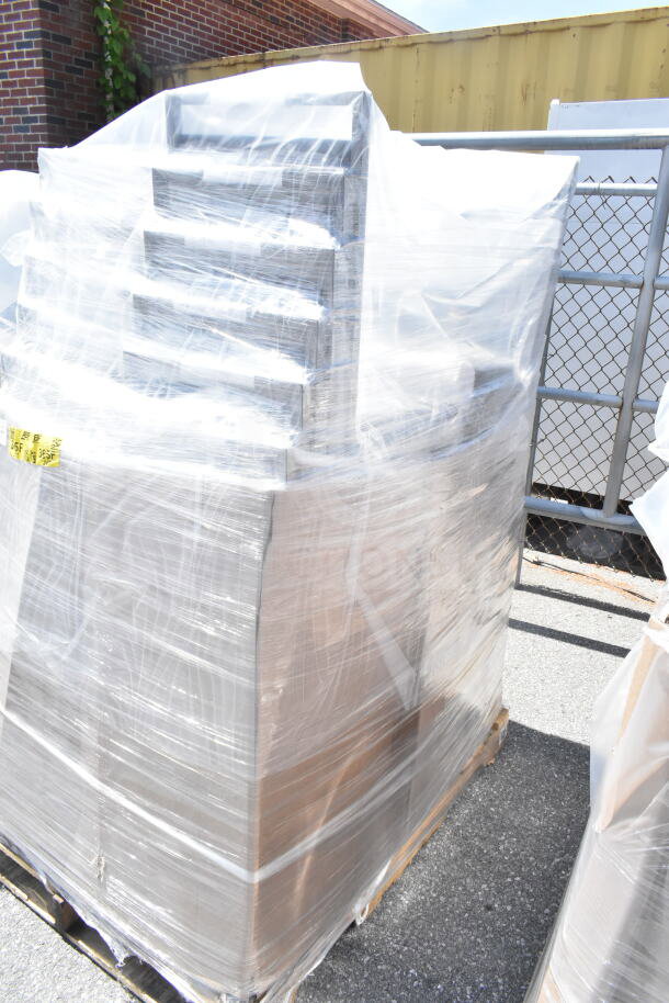 24 new Lancaster Table & Seating square back banquet chairs with black vinyl, silver vein frame, wrapped on pallet.