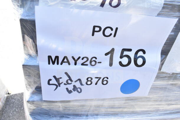 Package label for 24 Lancaster Table & Seating banquet chairs. Marked "MAY26-156," includes SKU "876" and blue dot.