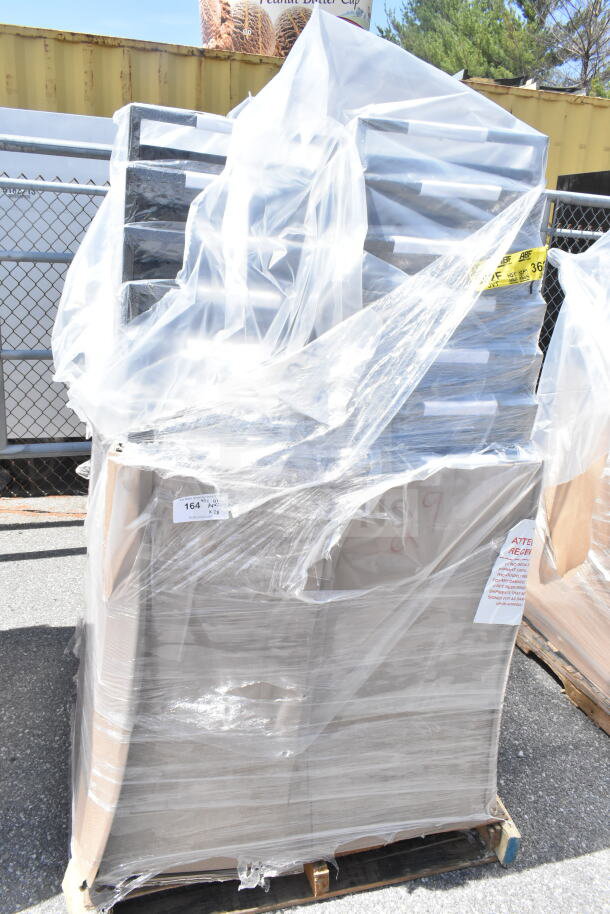 28 new Lancaster Table & Seating banquet chairs, scratch and dent, in packaging. Black vinyl, silver vein frame.