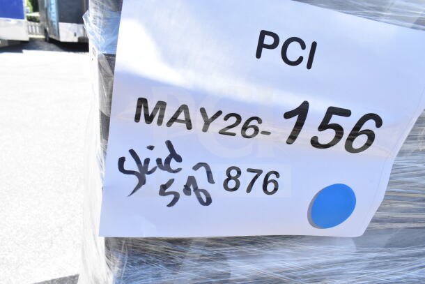 28 scratch and dent Lancaster banquet chairs, black vinyl, silver vein frame. Tag reads "MAY26-156, Skid 507, 876."