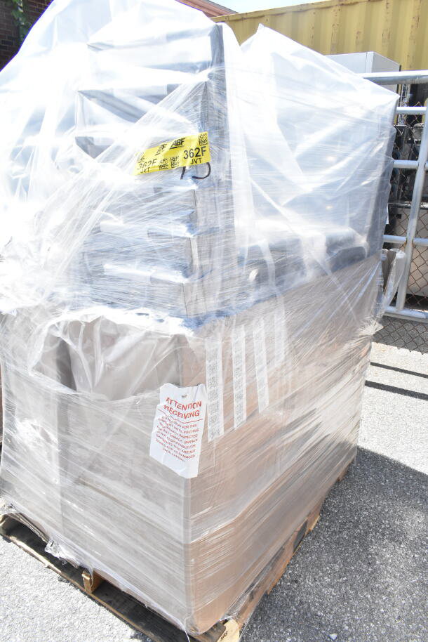 28 Lancaster Table & Seating square back banquet chairs, black vinyl, silver vein frame, scratch and dent, pallet wrapped.