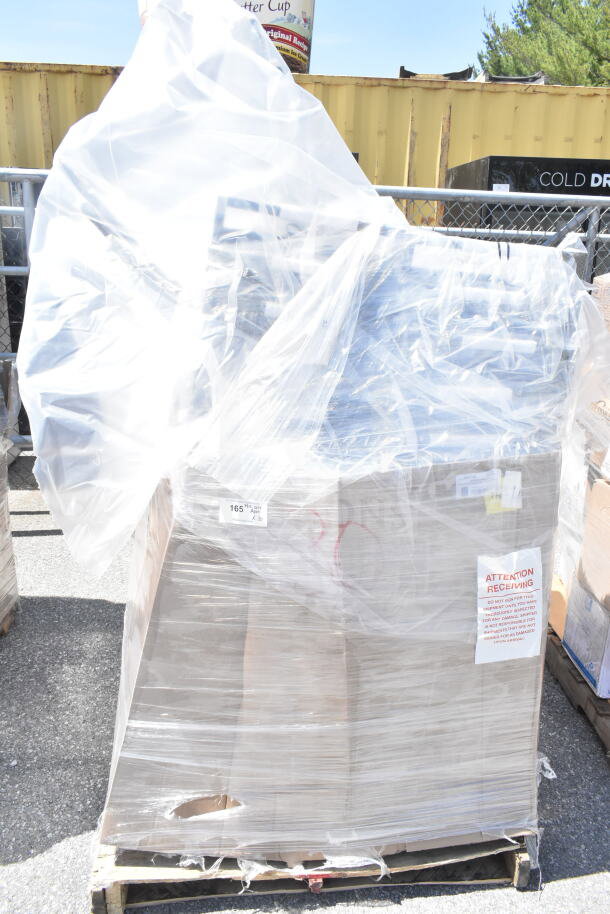 Packaged stack of 30 brand new Lancaster Table & Seating banquet chairs, scratch and dent, with black vinyl and silver vein frame.