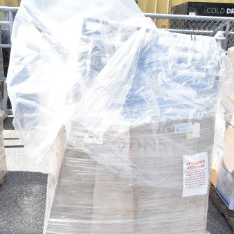 Packaged stack of 30 brand new Lancaster Table & Seating banquet chairs, scratch and dent, with black vinyl and silver vein frame.