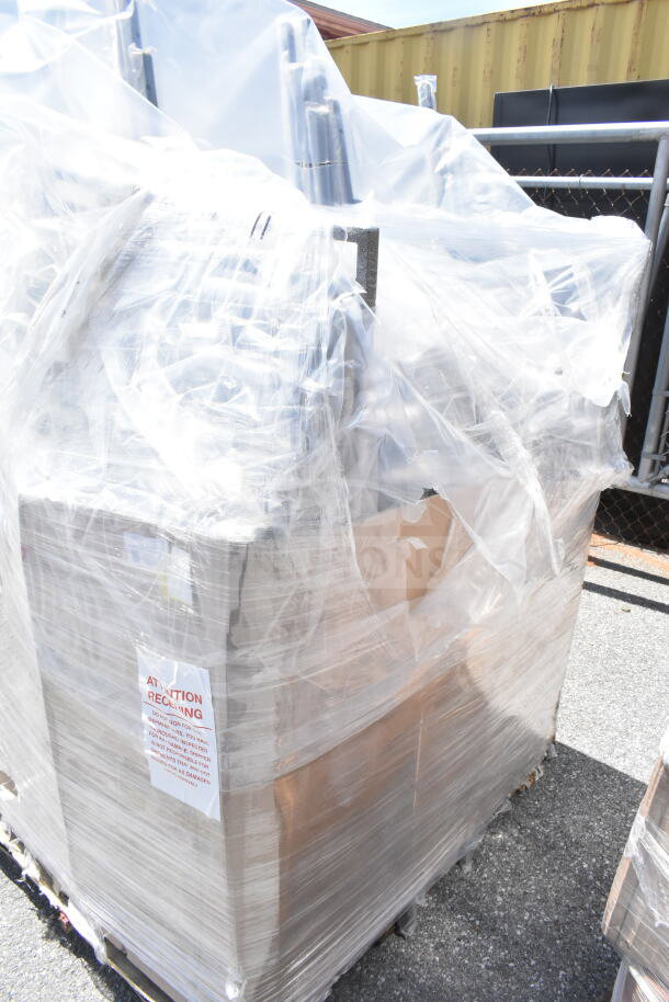 Pallet of 30 new Lancaster Table & Seating square back banquet chairs wrapped in plastic, black vinyl, silver vein frame.
