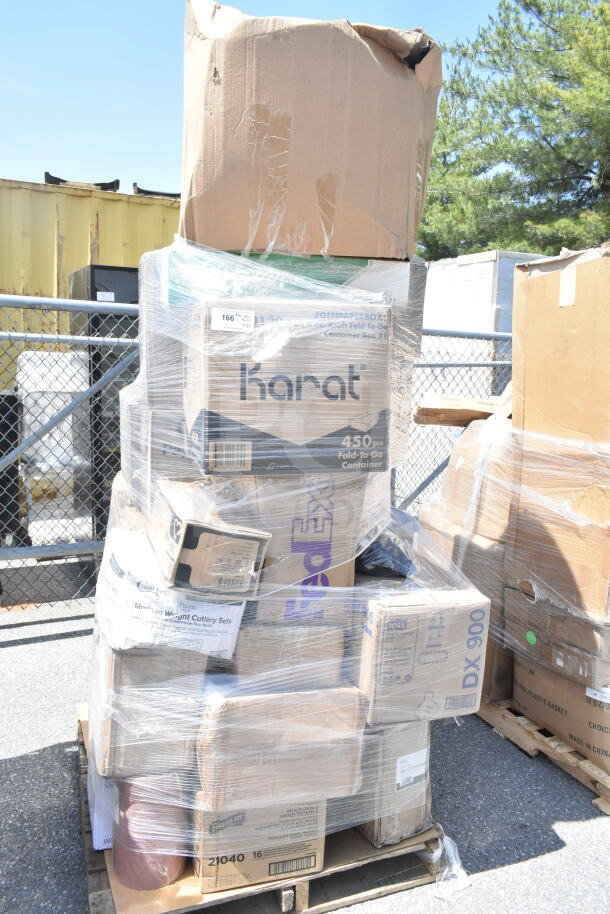 Pallet of 30 brand new scratch and dent items, including shot glasses, plates, towels. Visible labels: Karat, FedEx, Tork.