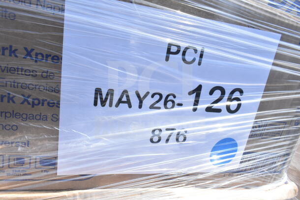 Plastic-wrapped package labeled "MAY26-126" showing contents: shot glasses, plates, towels, paper bags. New condition.