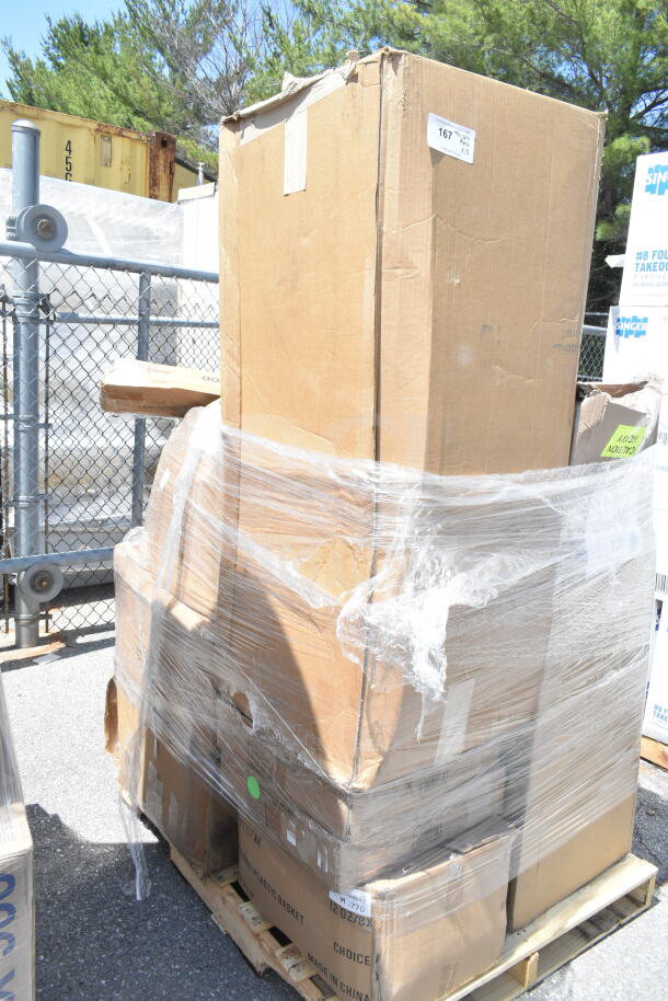 Pallet of 13 brand new scratch and dent items, wrapped in plastic, visible labels indicate packaging details.