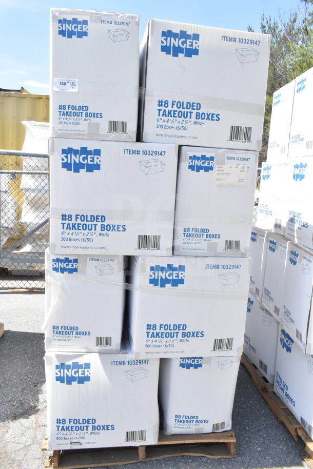 Stack of Singer #8 folded takeout boxes, new scratch and dent condition, 6"x4-3/4"x2-1/2", item #10329147.