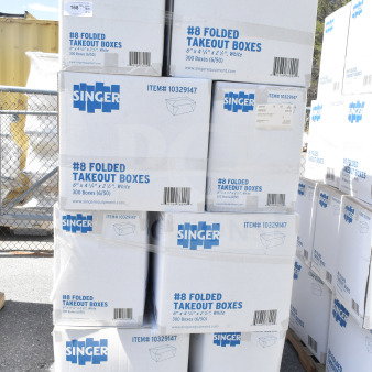 Stack of Singer #8 folded takeout boxes, new scratch and dent condition, 6"x4-3/4"x2-1/2", item #10329147.