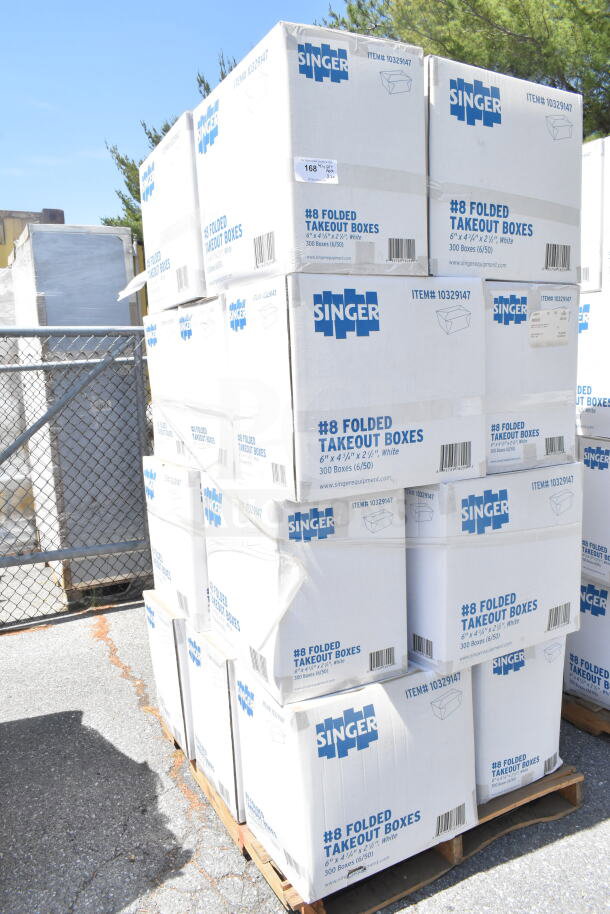 Stack of Singer #8 folded takeout boxes, 6"x4-3/4"x2-1/2", 20 items, new condition on a pallet.