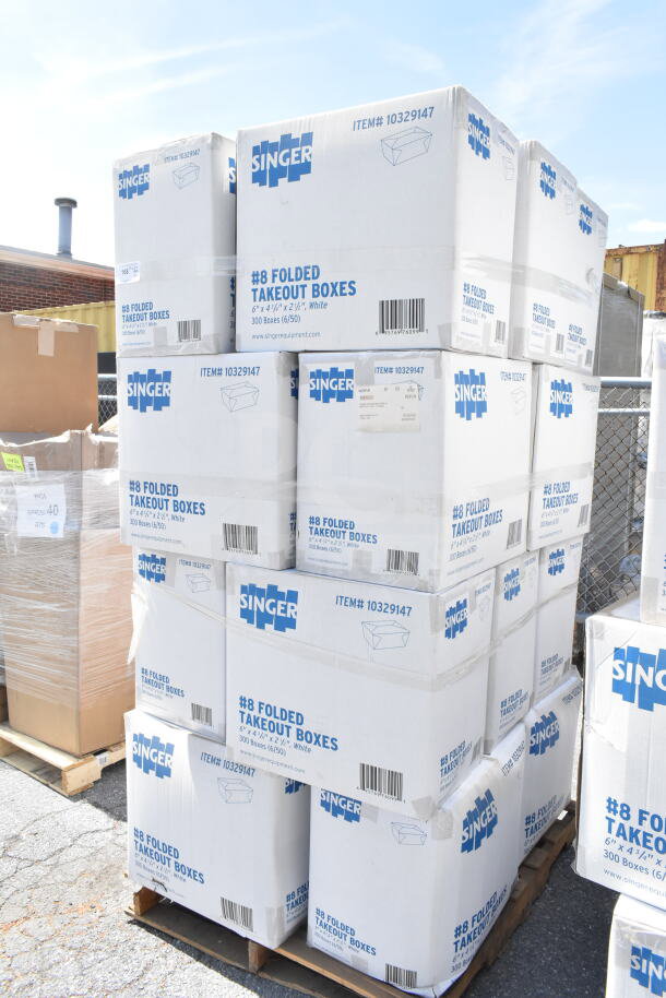 Pallet of Singer #8 Folded Takeout Boxes, 6"x4-3/4"x2-1/2", 300 per box, brand new scratch and dent condition.