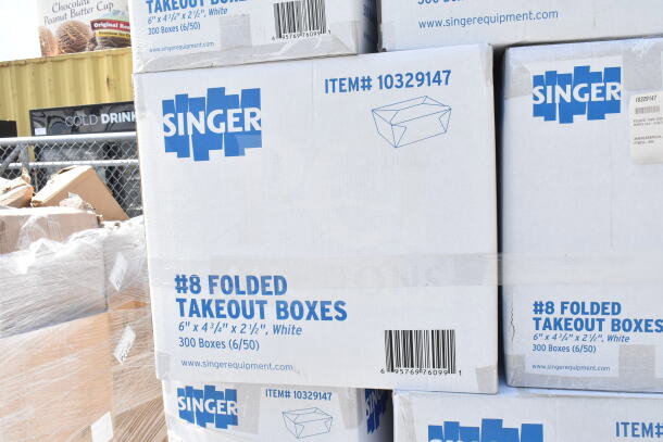 Boxes of Singer #8 folded takeout boxes, 6"x4-3/4"x2-1/2", white, item #10329147. Scratch and dent condition. 20 new items.