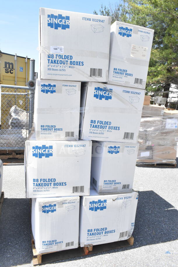Stack of Singer #8 Folded Takeout Boxes, item #10329147, 6"x4-3/4"x2-1/2", 20 new scratch and dent units on pallets.