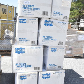 Stack of Singer #8 Folded Takeout Boxes, item #10329147, 6"x4-3/4"x2-1/2", 20 new scratch and dent units on pallets.