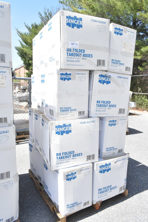 20 new Singer #8 folded takeout boxes, 6"x4-3/4"x2-1/2", stacked on pallets. Item #10329147.