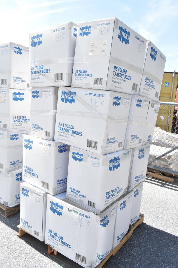 Boxes of Singer #8 folded takeout boxes, 6"x4-3/4"x2-1/2", on pallets. New scratch and dent items. Item #10329147.