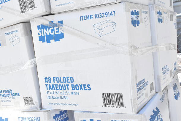 Singer #8 Folded Takeout Boxes, 6"x4-3/4"x2-1/2", white, new, scratch and dent, item #10329147, 20 boxes auction lot.