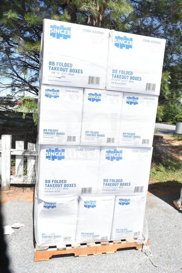 20 boxes of Singer #8 Folded Takeout Boxes, 6"x4-3/4"x2-1/2", scratch and dent condition, stacked on a pallet.