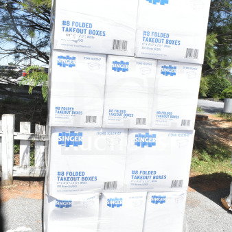20 boxes of Singer #8 Folded Takeout Boxes, 6"x4-3/4"x2-1/2", scratch and dent condition, stacked on a pallet.