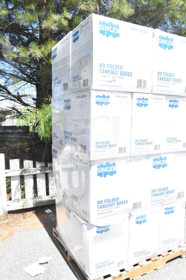 Stack of Singer #8 Folded Takeout Boxes, 6"x4-3/4"x2-1/2", brand new, packaged on pallet, boxes marked with item #10329147.
