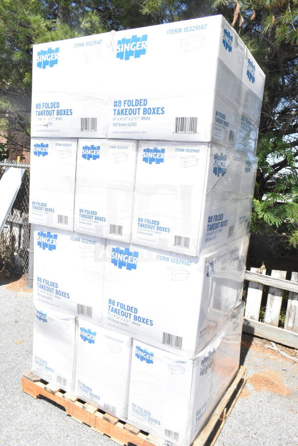 Pallet of Singer #8 folded takeout boxes, white, 6"x4-3/4"x2-1/2", 300 boxes per case, new condition, item 10329147.