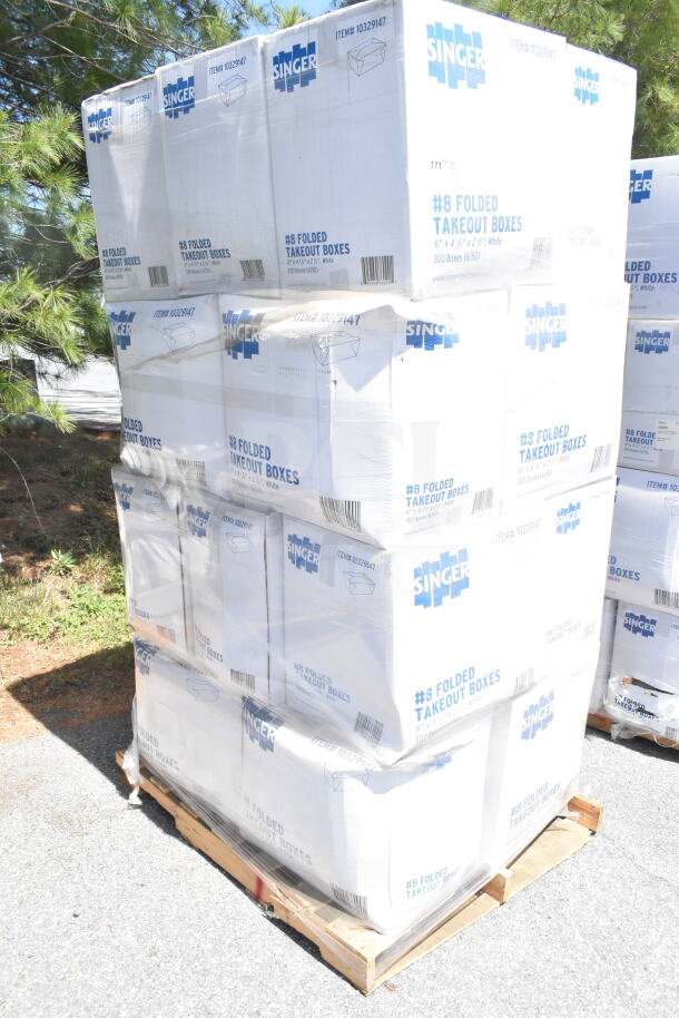 Pallet of Singer #8 Folded Takeout Boxes, 300 per box, new and sealed, visible labels with dimensions 6"x4-3/4"x2-1/2".