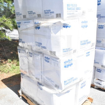 Pallet of Singer #8 Folded Takeout Boxes, 300 per box, new and sealed, visible labels with dimensions 6"x4-3/4"x2-1/2".