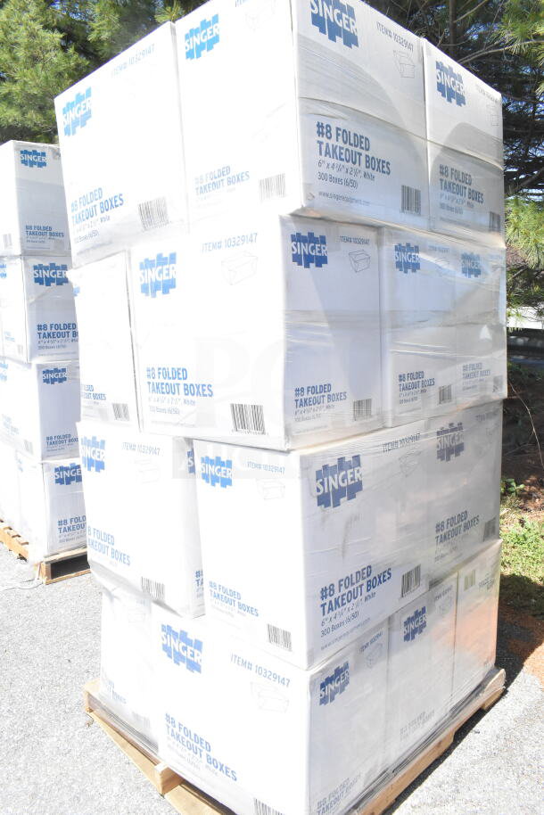 Pallet of new Singer #8 folded takeout boxes, 6"x4-3/4"x2-1/2", labeled for auction, total 300 boxes.