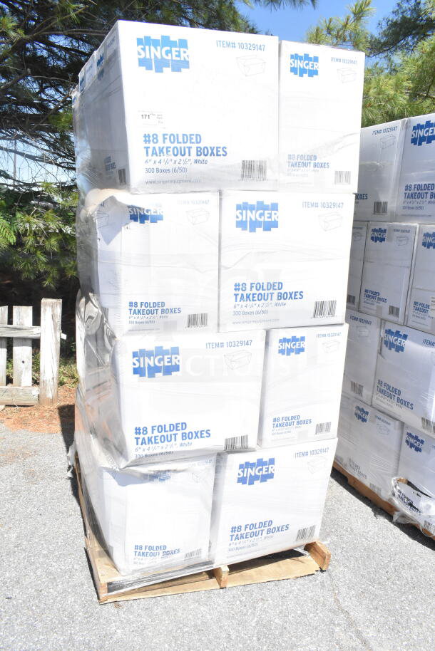 20 brand new Singer #8 folded takeout boxes, 6"x4-3/4"x2-1/2", stacked on a pallet. Some boxes labeled "scratch and dent."