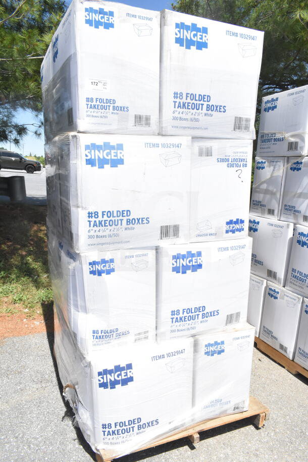 20 brand new Singer #8 folded takeout boxes, 6"x4-3/4"x2-1/2", palletized, marked item #10329147.
