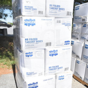 20 brand new Singer #8 folded takeout boxes, 6"x4-3/4"x2-1/2", palletized, marked item #10329147.