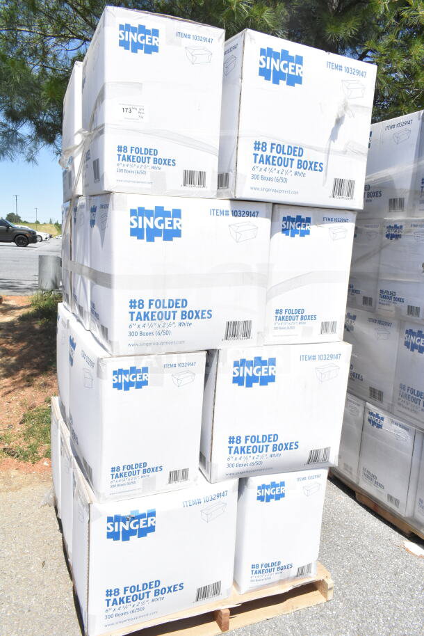 Singer #8 Folded Takeout Boxes, 6"x4-3/4"x2-1/2", 300 boxes per crate, scratch and dent, new condition on pallets.