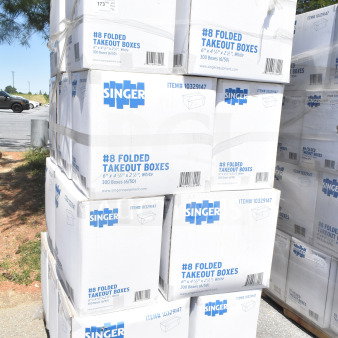 Singer #8 Folded Takeout Boxes, 6"x4-3/4"x2-1/2", 300 boxes per crate, scratch and dent, new condition on pallets.
