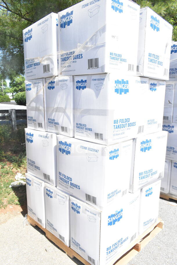 Stack of Singer #8 folded takeout boxes, each 6"x4-3/4"x2-1/2", in new condition on a pallet. Item #10329147.