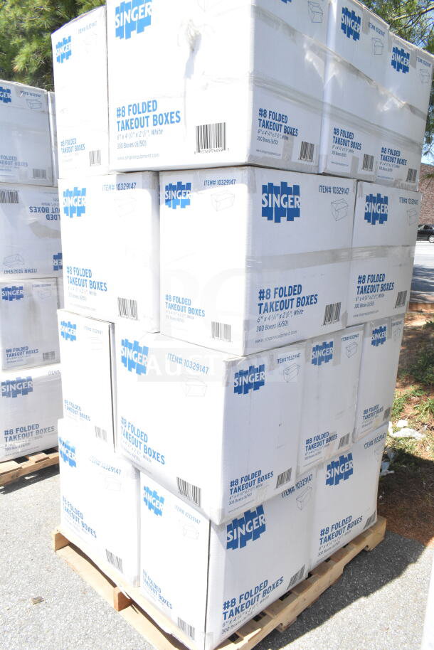 20 brand new Singer #8 folded takeout boxes, 6"x4-3/4"x2-1/2", scratch and dent, on pallets.