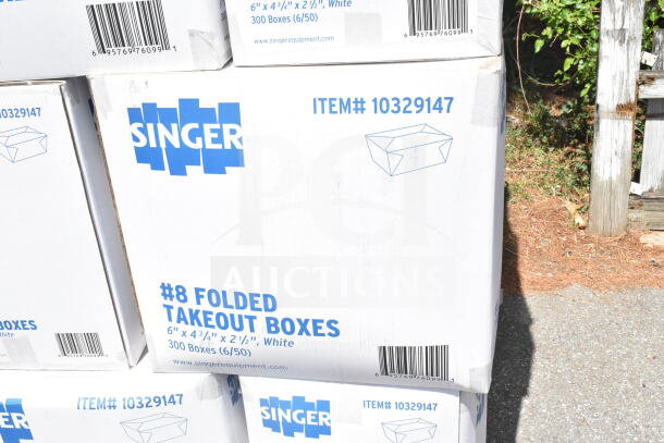 Boxes of Singer #8 folded takeout boxes, 6"x4-3/4"x2-1/2". Brand new, bulk set of 20 units per auction bid.
