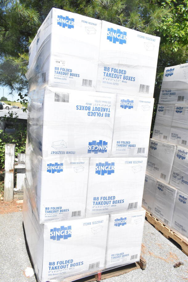 20 new Singer #8 folded takeout boxes, 6"x4-3/4"x2-1/2", on pallet. Item #10329147. 300 boxes total.