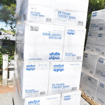 20 new Singer #8 folded takeout boxes, 6"x4-3/4"x2-1/2", on pallet. Item #10329147. 300 boxes total.