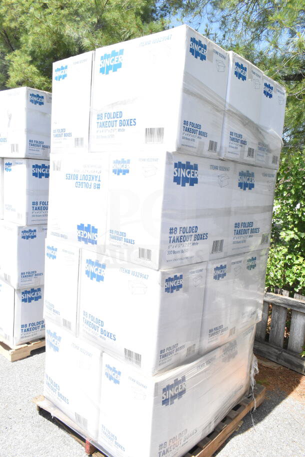 Pallet with 20 Singer #8 Folded Takeout Boxes, 6"x4-3/4"x2-1/2", brand new, scratch and dent condition, auction item.