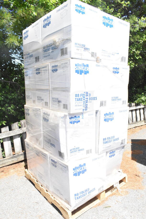 Stack of Singer #8 Folded Takeout Boxes, 6"x4-3/4"x2-1/2", scratch and dent condition, on pallet.