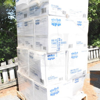 Stack of Singer #8 Folded Takeout Boxes, 6"x4-3/4"x2-1/2", scratch and dent condition, on pallet.