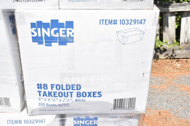 Singer #8 folded takeout boxes, 6"x4-3/4"x2-1/2", brand new, item #10329147, 300 boxes per case, slight damage on packaging.