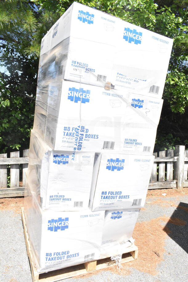 Stack of Singer #8 folded takeout boxes, brand new, scratch and dent condition, 6"x4-3/4"x2-1/2", 20 boxes per bid.