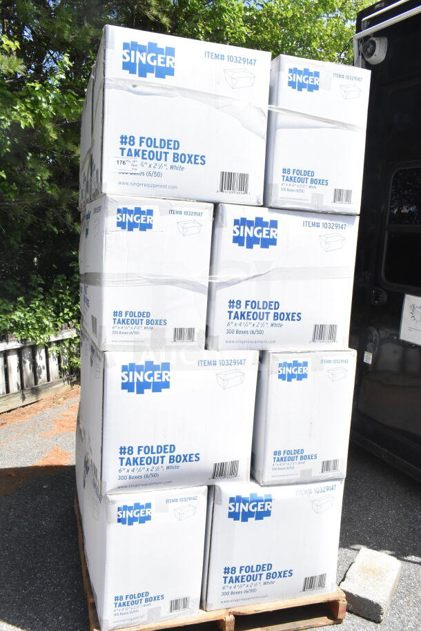 Singer #8 folded takeout boxes, 6"x4-3/4"x2-1/2", white. Boxes labeled item #10329147, 300 boxes per set. Brand new, scratch and dent condition.