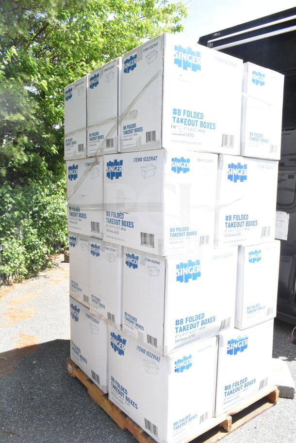 Pallet of Singer #8 Folded Takeout Boxes, 6"x4-3/4"x2-1/2", scratch and dent, unopened boxes, bulk auction item.