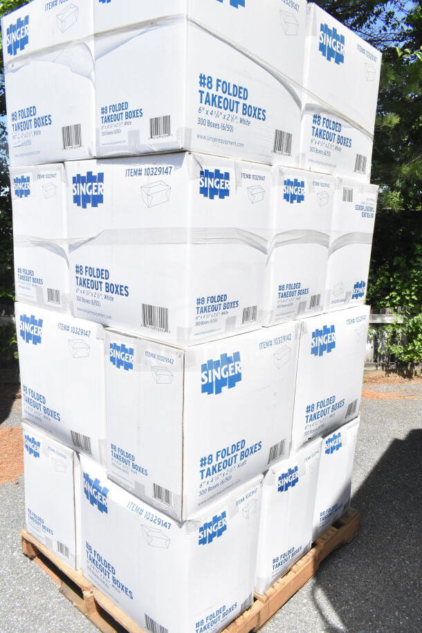 Stack of Singer #8 folded takeout boxes, 6"x4-3/4"x2-1/2", brand new, slight scratch and dent, on a pallet.